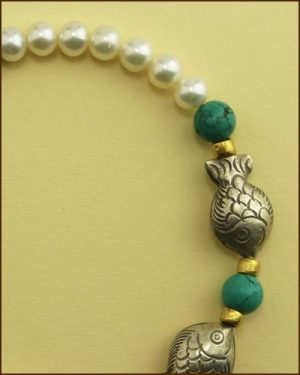 Silver Pearl Turquoise Fish Bracelet 886-7314 detail